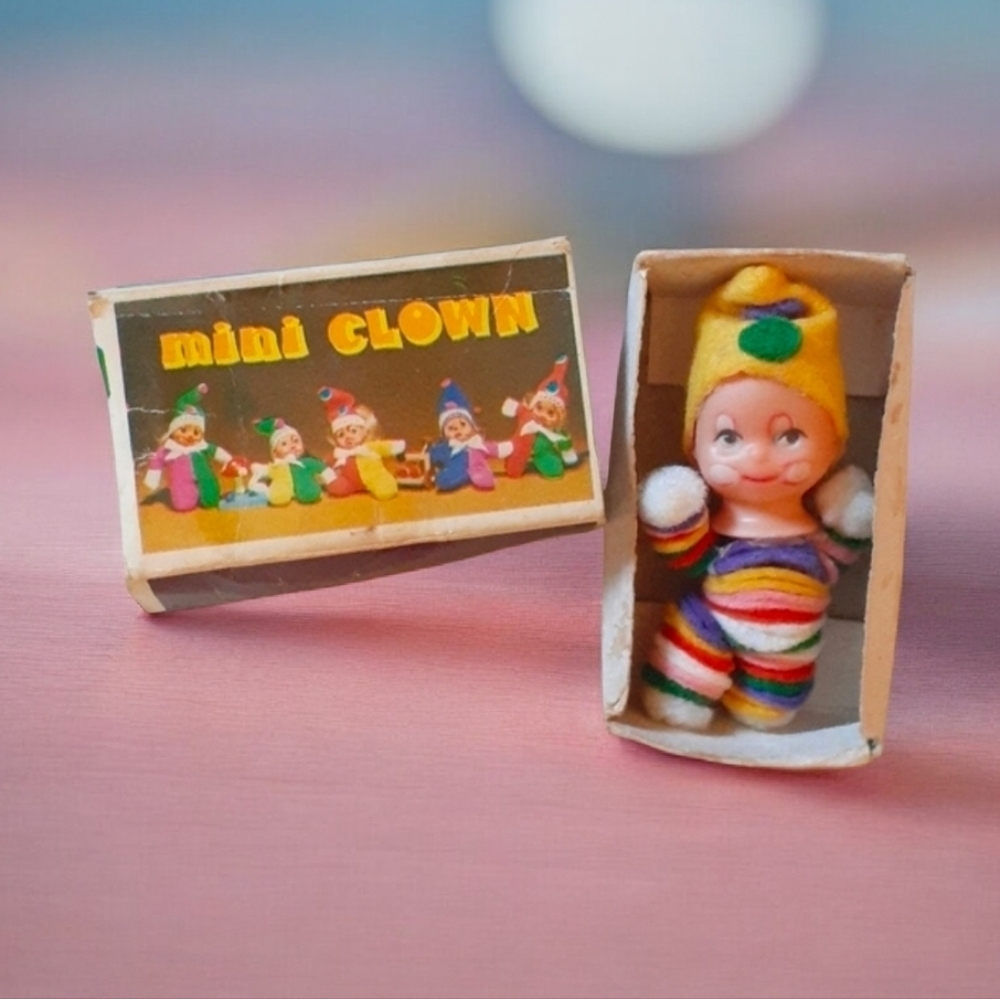 Vintage 1960s-1980s Hong Kong Mini Matchbox Clown Figurine (3" Tall + Box)
